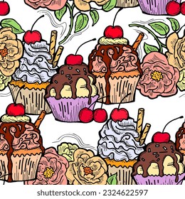 Tasty sweet cupcake dessert decorative seamless vector pattern for textile design, fabric print, digital or wrapping, wall paper, background and backdrop, bakery shop decoration, cafe, restaurant menu