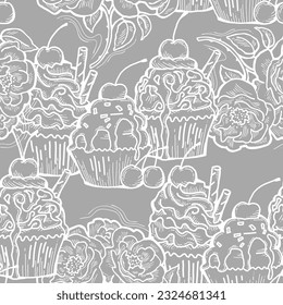 Tasty sweet cupcake dessert decorative seamless vector pattern for textile design, fabric print, digital or wrapping, wall paper, background and backdrop, bakery shop decoration, cafe, restaurant menu