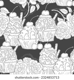 Tasty sweet cupcake dessert decorative seamless vector pattern for textile design, fabric print, digital or wrapping, wall paper, background and backdrop, bakery shop decoration, cafe, restaurant menu