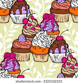 Tasty sweet cupcake dessert decorative seamless vector pattern for textile design, fabric print, digital or wrapping, wall paper, background and backdrop, bakery shop decoration, cafe, restaurant menu