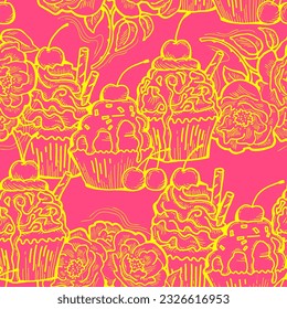 Tasty sweet cupcake dessert decorative seamless vector pattern for textile design, fabric print, digital or wrapping, wall paper, background and backdrop, bakery shop decoration, cafe, restaurant menu