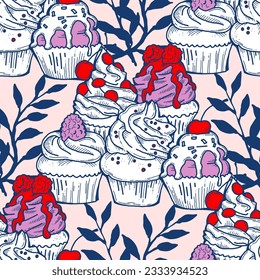 Tasty sweet cupcake dessert decorative seamless vector pattern for textile design, fabric print, digital or wrapping, wall paper, background and backdrop, bakery shop decoration, cafe, restaurant menu
