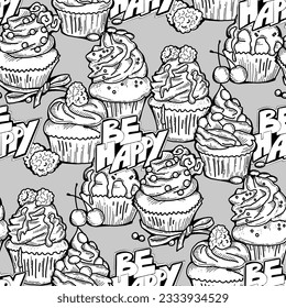 Tasty sweet cupcake dessert decorative seamless vector pattern for textile design, fabric print, digital or wrapping, wall paper, background and backdrop, bakery shop decoration, cafe, restaurant menu