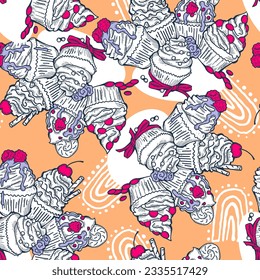 Tasty sweet cupcake dessert decorative seamless vector pattern for textile design, fabric print, digital or wrapping, wall paper, background and backdrop, bakery shop decoration, cafe, restaurant menu