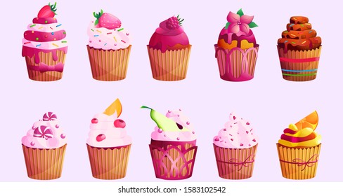 Tasty sweet cupcake or muffin set. Food decorated with berries, fruits and candies. Delicious dessert. Flat vector illustration