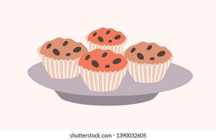 Geschmackvolle süße Cupcakes mit Schokoladenchips auf dem Teller einzeln auf hellem Hintergrund. Köstlicher Nachtisch, Konfektion oder Gebäck. Dekoratives Design-Element. Flacher Cartoon, Vektorgrafik.