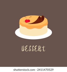 Tasty Sweet Сake decorated with Cherries and Chocolate on Plate. Dessert Vector Cute Illustration in Flat style on dark Background