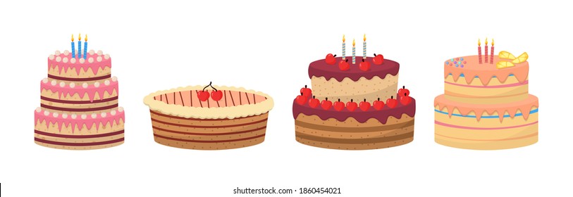 Deliciosos postres dulces aislados de fondo blanco. Postres coloridos y deliciosos, pasteles de cumpleaños con velas de celebración y trozos de chocolate. Conjunto plano de iconos vectoriales de cumpleaños para el diseño web. 