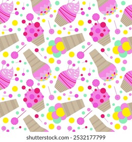Tasty sweet ice cream flat cartoon seamless pattern on white background. Vector illustration. Sweet sticker for street food, confectionery, bar, restaurants, snacks.