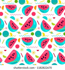 Tasty sweet ornament with watermelon and memphis elements. Fruits seamless pattern. Vector