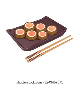 Tasty Sweet rice biscuits on porcelain plate with chopsticks. Asian traditional holiday food. Vector flat drawn illustration for restaurant dishes, menu, poster, banner, dessert, cooking concept