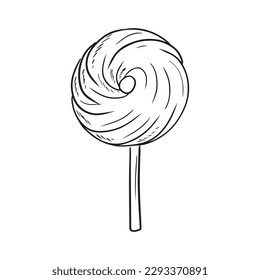 Tasty sweet round lollipop on wooden stick in black isolated on white background. Hand drawn vector sketch illustration in doodle vintage engraved outline, line art style. Children candy.