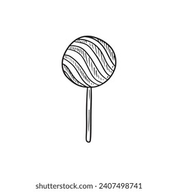 Tasty sweet round striped lollipop on wooden stick in black isolated on white background. Hand drawn vector sketch illustration in doodle vintage engraved outline, line art style. Children candy.