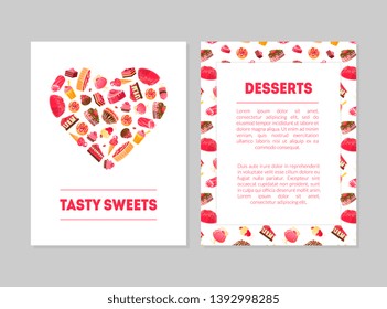 Tasty Sweets Desserts Banner Templates Set with Sweets Pattern and Place for Text, Candy Shop, Restaurant, Cafe, Confectionery, Bakery Design Element Vector Illustration