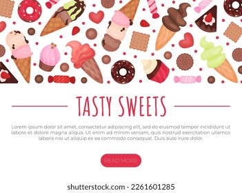 Tasty sweets landing page template. Delicious desserts web banner, website cartoon vector