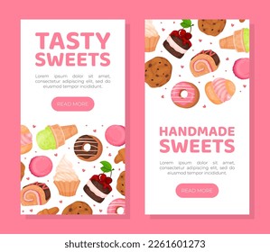 Se establecen las plantillas de aplicaciones móviles de los dulces más sabrosos. Página de inicio de dulces y postres hechos a mano, vectores de caricatura de banner web