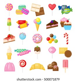 Tasty sweets set. Isolated candies, cakes and other sweets on white background. Doughnuts, cheesecake, ice cream, lollipop and more.