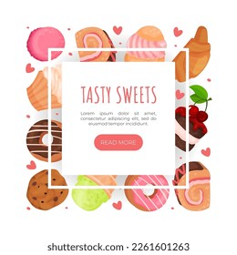 Tasty sweets web banner template. Cafe, candy or bakery shop landing page with tasty desserts seamless pattern cartoon vector