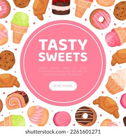 Tasty sweets web banner template. Cafe, bakery shop landing page with tasty desserts cartoon vector