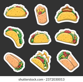 Tasty taco and burrito. Sticker Bookmark. Mexican fast food. Vector drawing. Collection of design elements.
