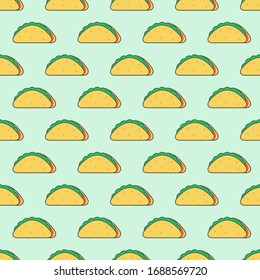 Tasty Taco. Fastfood meal. Junkfood. Minimalistic Icon. Colored vector Illustration. Black outline. Cartoon style, simple flat design. Seamless pattern. Green Background, wallpaper