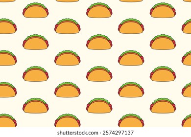 tasty taco food colorful pattern on cream background. doodle taco mexican food object symbol seamless pattern background. taco with tomato, lettuce, meat seamless pattern for decor, merchandise