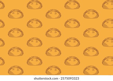 tasty taco food doodle seamless pattern on yellow background. taco mexican food engraving pattern wallpaper. retro taco with tomato, lettuce, meat background for restaurant decor and merchandise