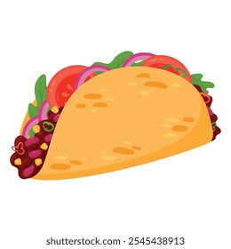 Ilustração de desenho animado tacos saboroso isolado no fundo branco. Lanche de fast-food mexicano, comida de rua tomar tex mex refeição. Sanduíche de tortilla recheado com carne, feijão e vegetais