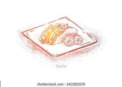 Tasty tacos, traditional mexican junk food, tortilla with filling, beef, chicken, cheese and vegetables. Delicious fastfood, unhealthy takeaway snack concept sketch. Hand drawn vector illustration