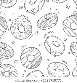 Tasty temptation: vector seamless pattern with tasty donuts drawn with dark lines on a white background. Perfect for packaging, textiles or design projects, giving them style and originality