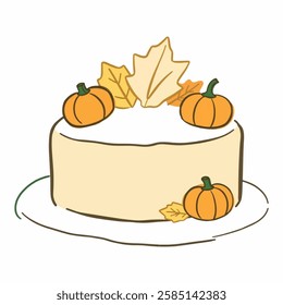 A tasty Thanksgiving cake topped with autumn leaves and pumpkin accents, perfect for seasonal feasts and fall festivities.