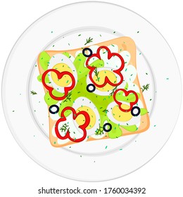 Tasty toast on a white plate. Sandwich with pepper, sauce, black olives, eggs, salad leaf, dill, spice. Delicious snack. Vector stock illustration on a white background. 