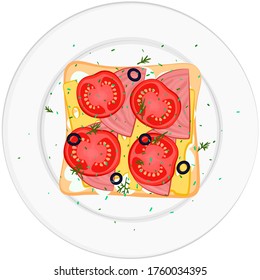 Tasty toast on a white plate. Sandwich with tomato, ham, sauce, black olives, cheese, dill, spice. Delicious snack. Vector stock illustration on a white background. 
