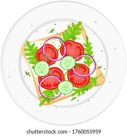 Tasty toast on a white plate. Sandwich with cucumber, sauce, tomato, onion, salad leaf, dill, spice. Delicious snack. Vector stock illustration on a white background. 