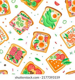 Tasty Toast with Wurst, Sliced Bacon and Egg on Top of It Vector Seamless Pattern