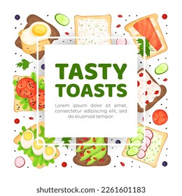 Tasty toasts banner. Healthy sandwiches with different ingredients for breakfast menu, healthy eating cover, advertising, poster cartoon vector