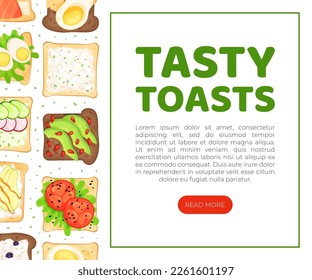 Tasty toasts landing page template. Sandwiches with different natural ingredients for breakfast menu, healthy nutritious eating for web banner with space for text cartoon vector