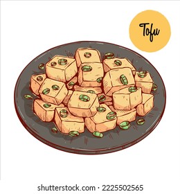 Tasty tofu chinese cuisine. Chinese food with colored hand drawing style