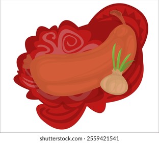 A tasty, trendy meat sausage as delicacy dish and species; vintage, funky, romantic background. This cartoon illustration can be used as a logotype for meat shops and sausage stores. Vector, isolated.