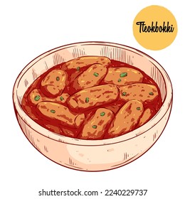 Tasty tteokbokki korean food vector illustration. Hand drawing colored asian food