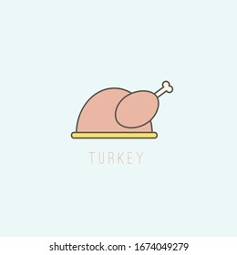 Tasty Turkey bird. Thanksgiving dinner meal. Minimalistic Icon. Logo template. Colored vector Illustration. Black outline. Cartoon style, simple flat design. Isolated on a blue background