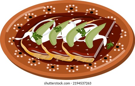 Tasty typical mexican enmoladas with avocado, onion, cheese and sour cream