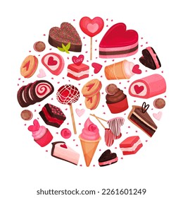 Tasty Valentine Sweet Pink Dessert Round Composition Design Vector Template