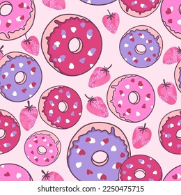 Tasty Valentines Doughnuts and Strawberries Vector Seamless Pattern