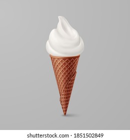 Tasty Vanilla Ice Cream in Brown Waffle Cone. Street Fast Food, Sweet Milky Dessert Creative illustration Isolated on Gray Backdrop