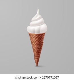 Tasty Vanilla Ice Cream in Brown Waffle Cone. Street Fast Food Dessert, Creative illustration Isolated on Gray Background