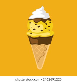 Tasty Vanilla Ice Cream in Brown Waffle Cone. Street Fast Food, Sweet Milky Dessert Creative illustration Isolated on Yellow