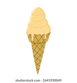 Tasty vanilla ice cream cone with dripping melted cream in a classic waffle cone design