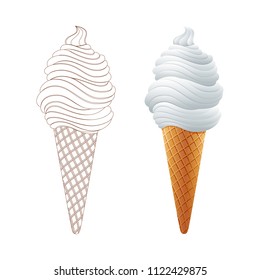 Tasty vanilla Ice cream in a waffle cup. Tasty ice cream with vanilla. Vector stock image. Line icon art