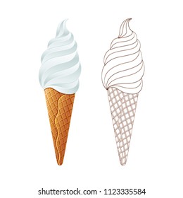 Tasty vanilla Ice cream in a waffle cup. Tasty ice cream with vanilla. Vector stock image. Line icon art